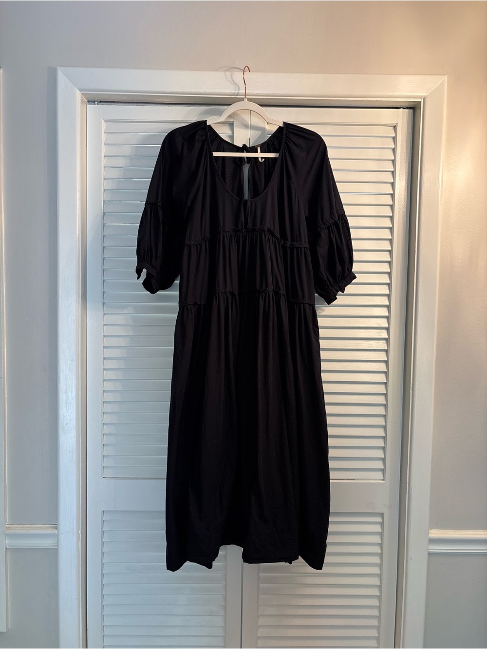 Free People Black Tiered Midi Dress with Puff Sleeves